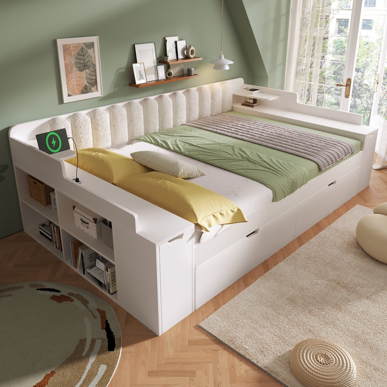 HAUSS SPOLE Bed 140x190 cm - Tweepersoonsbed met Uitschuifbed - Opbergruimte en Oplaadaansluitingen - Met Lattenbodem - Zonder Matras - Hout - Wit