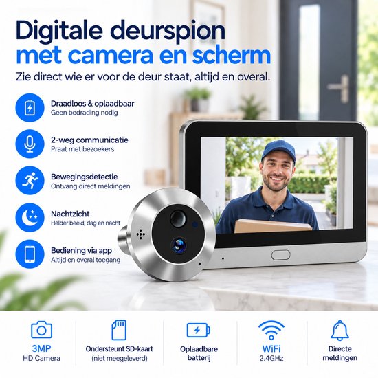 Digitale deurbel met zilveren camera en bijbehorend LCD-scherm voor binnen.