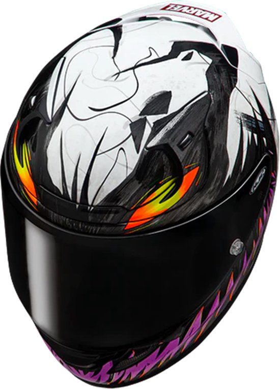 Witte motorhelm met de Marvel Anti-Venom print, zicht van voren. Zwart, paars, oranje grafische elementen.