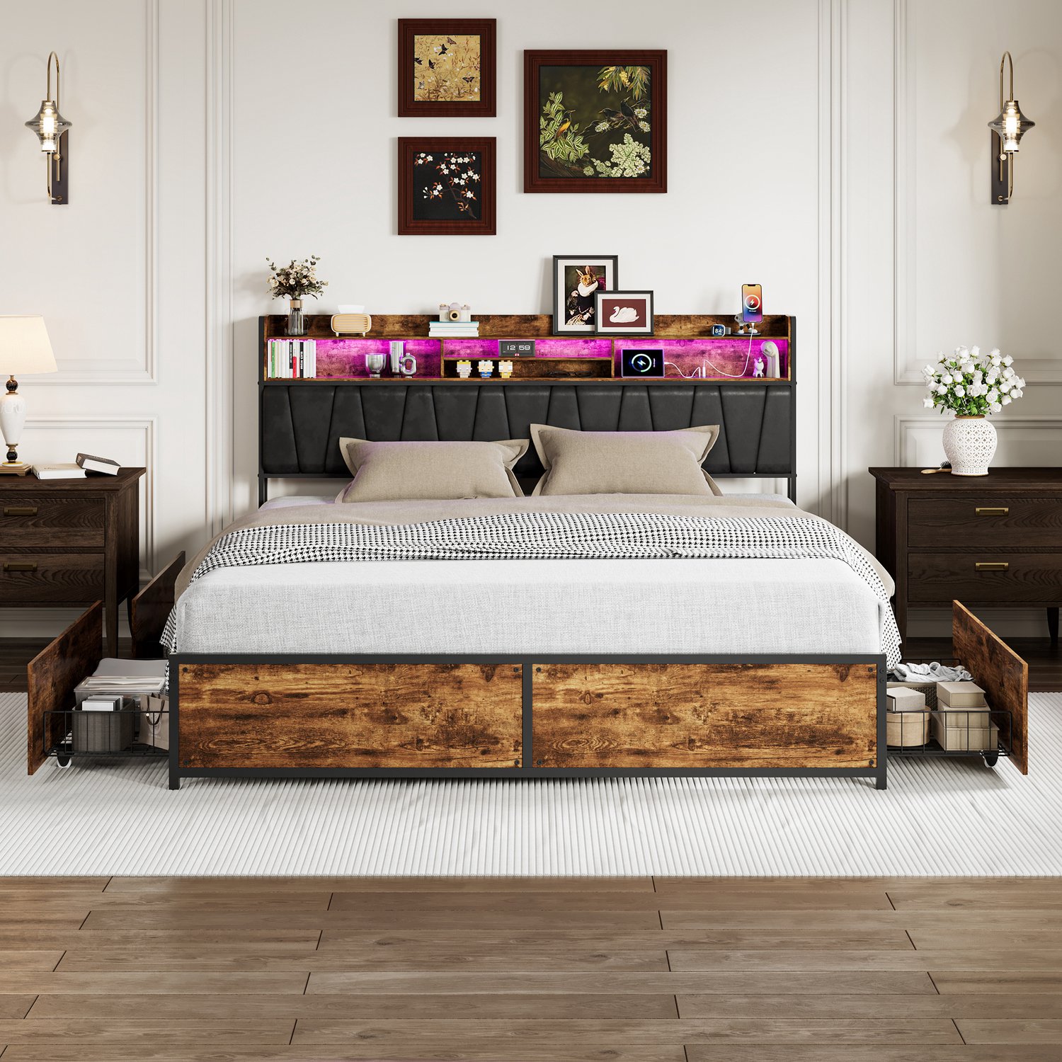 ROSAHQNDA Volwassen tweepersoonsbed bed 180x200 cm met LED-verlichting, 4 opberglades en opbergvakken in het hoofdbord, lattenbodem, houtkleur, zonder matras