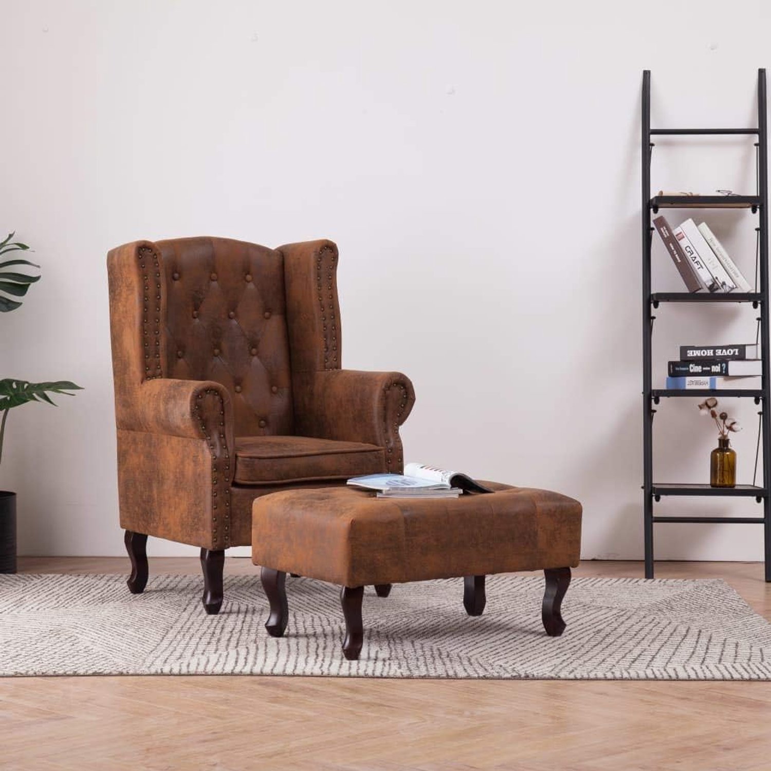 Klassieke Chesterfield Fauteuil met Hocker - Luxe Suède-Look Relaxstoel & TV-Stoel (76x47x40 cm) - Bruin