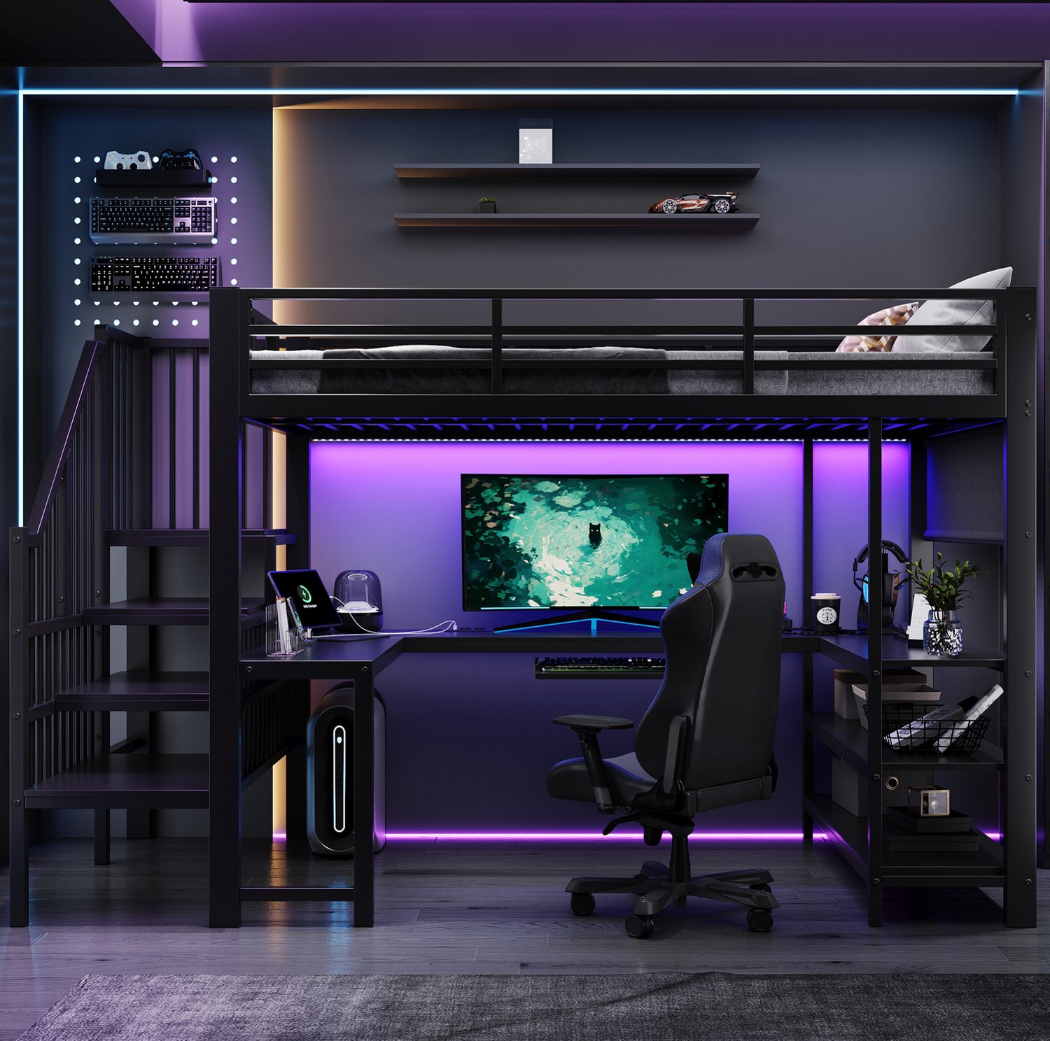 MODENUIT Hoogslaper – U-Vormig Bureau Met Trap – 120 x 200 cm – Metaal En MDF – Zwart – Led Met Rekken En Stopcontact