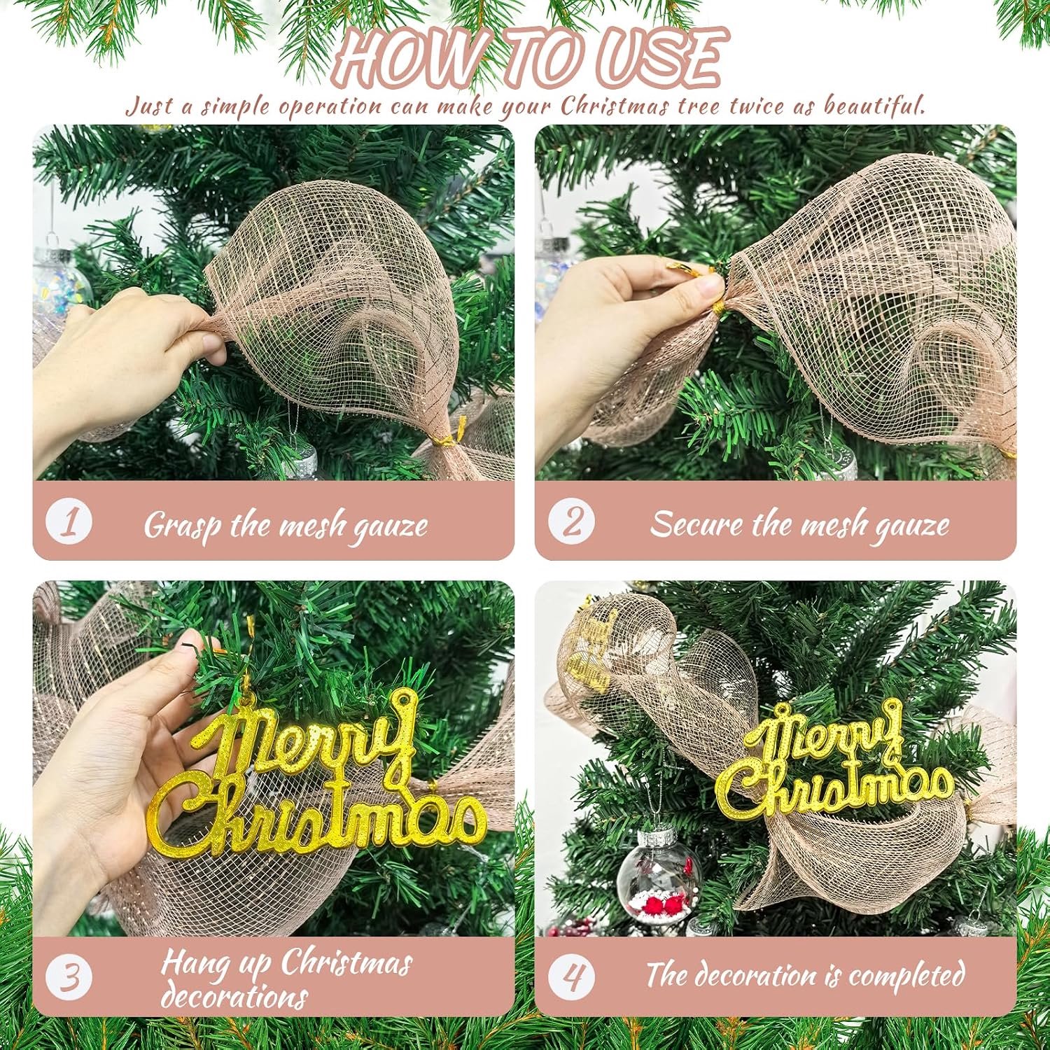 Kerstlint - 25 cm * 9,1 m - DIY kerstboom mesh rol scène lay-out - mesh lint - Kerstdecoratie - Kerst mesh lint rol - feestdecoratie - mesh lintrol - vaak gebruikt voor het versieren van slingers, kerstbomen en geschenkverpakkingen - Rose goud – foto 6