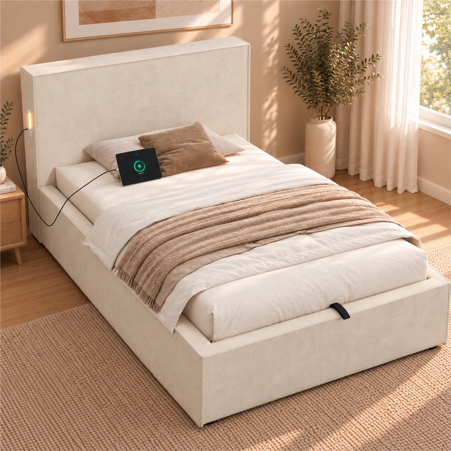 COVREO Eenpersoonsbed met opbergruimte – 90x200 cm – Bedframe met lattenbodem – hydraulisch met hoofdbord – Beige - zonder matras