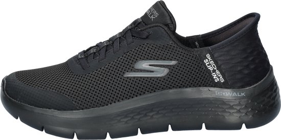 Zijkant van een zwarte Skechers Go Walk Flex instapper met veters en S-logo.