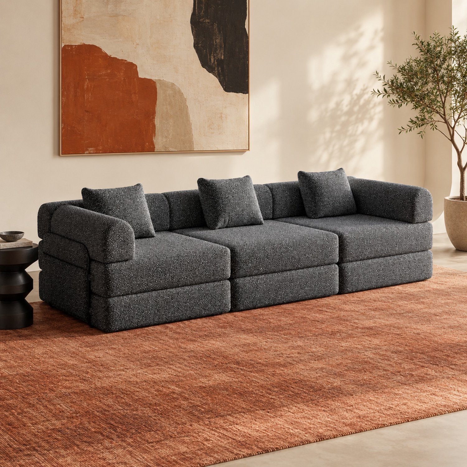 WUVRIE 3-zits slaapbank 274x91,4x69,8 cm - Chenille met armleuningvak - Grijs