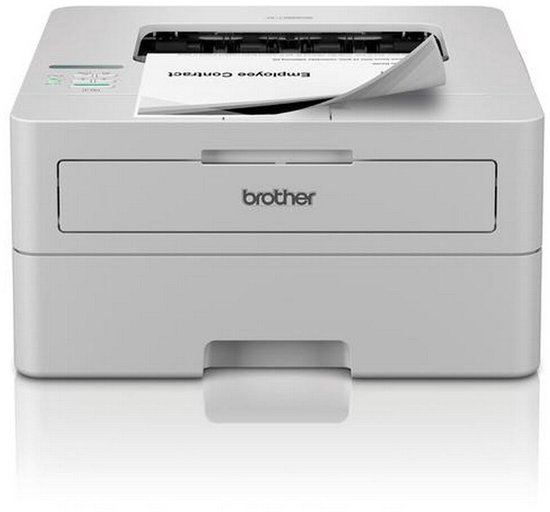 Witte Brother laserprinter met een document waarop 'Employee Contract' staat in de lade.