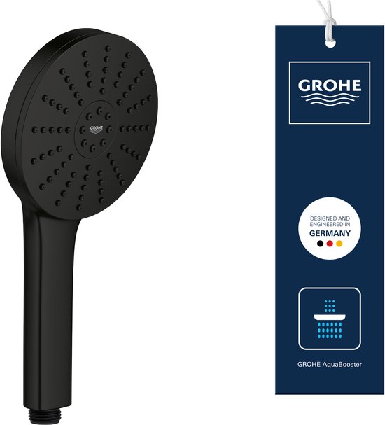 Zwarte handdouche met ronde kop tegen een witte achtergrond, inclusief GROHE merklabel.