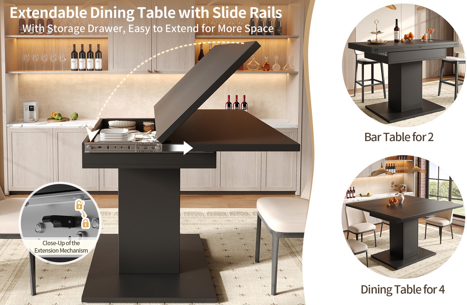 MIVRAY Eettafel - Uitschuifbaar Tafelblad Met Verborgen Opbergruimte - Voor Keuken En Eetkamer - MDF - Zwart - 60 Tot 120 x 120 x 75,1 Cm