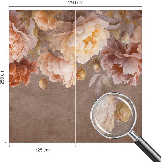 Behangpanelen van 125x250 cm met bloemenprint, inclusief maatvoering en detailweergave via een vergrootglas.