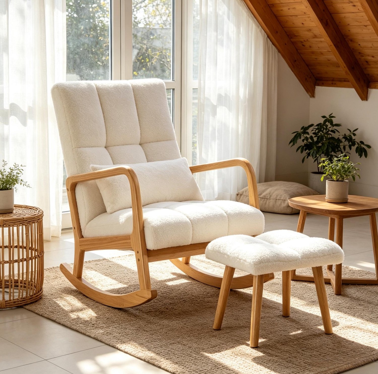 OKWISH Schommelstoel 64,5 x 82 x 89 cm - Met Hocker En Afneembaar Kussen - Voor Woonkamer - Bouclé Stof En Hout - Wit