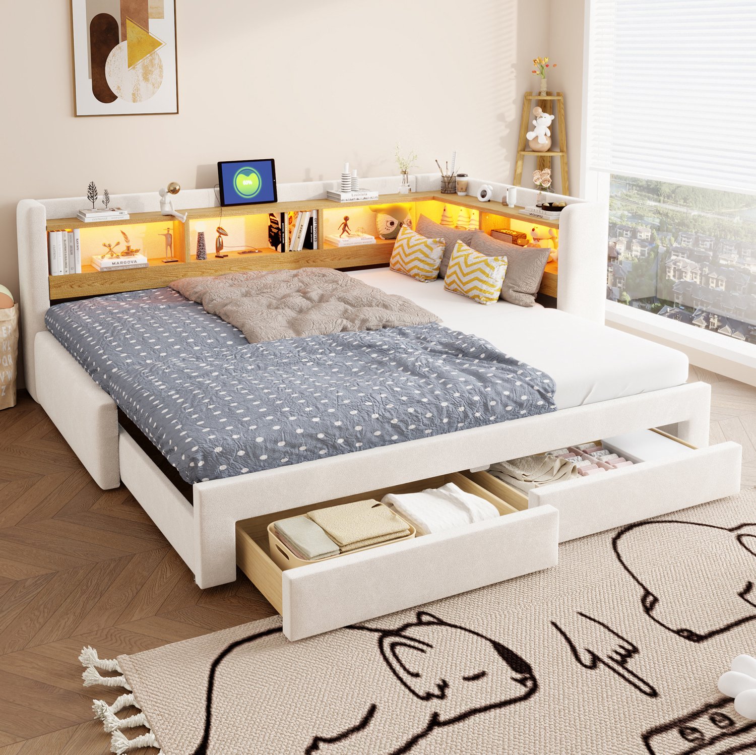MODENUIT Slaapbank – Uitschuifbaar 90 x 200 cm tot 180 x 200 cm – Stof – Beige – Met Lades, Ledverlichting en Stopcontact