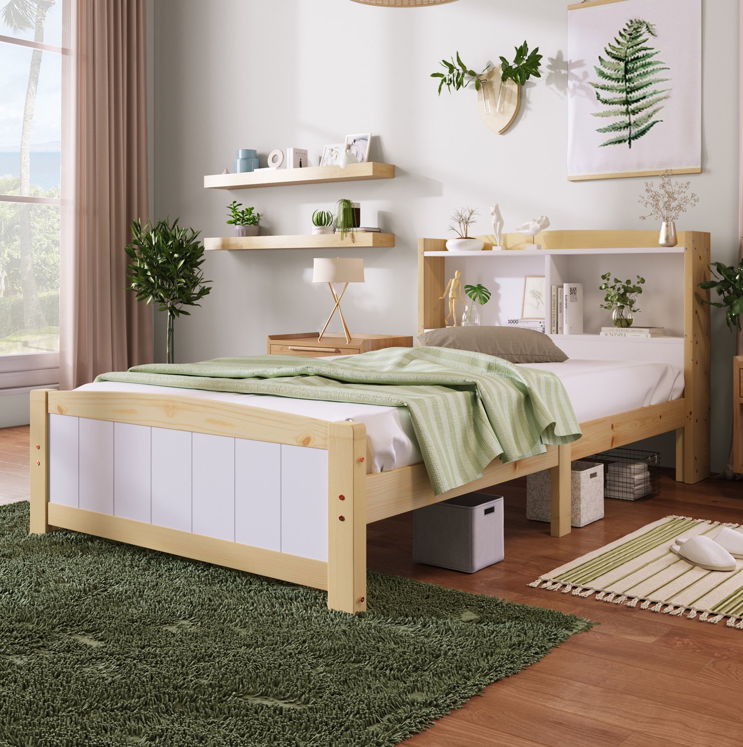 Eenpersoonsbed 90x200 cm met opberghoofdbord en lattenbodem - hout/MDF, wit