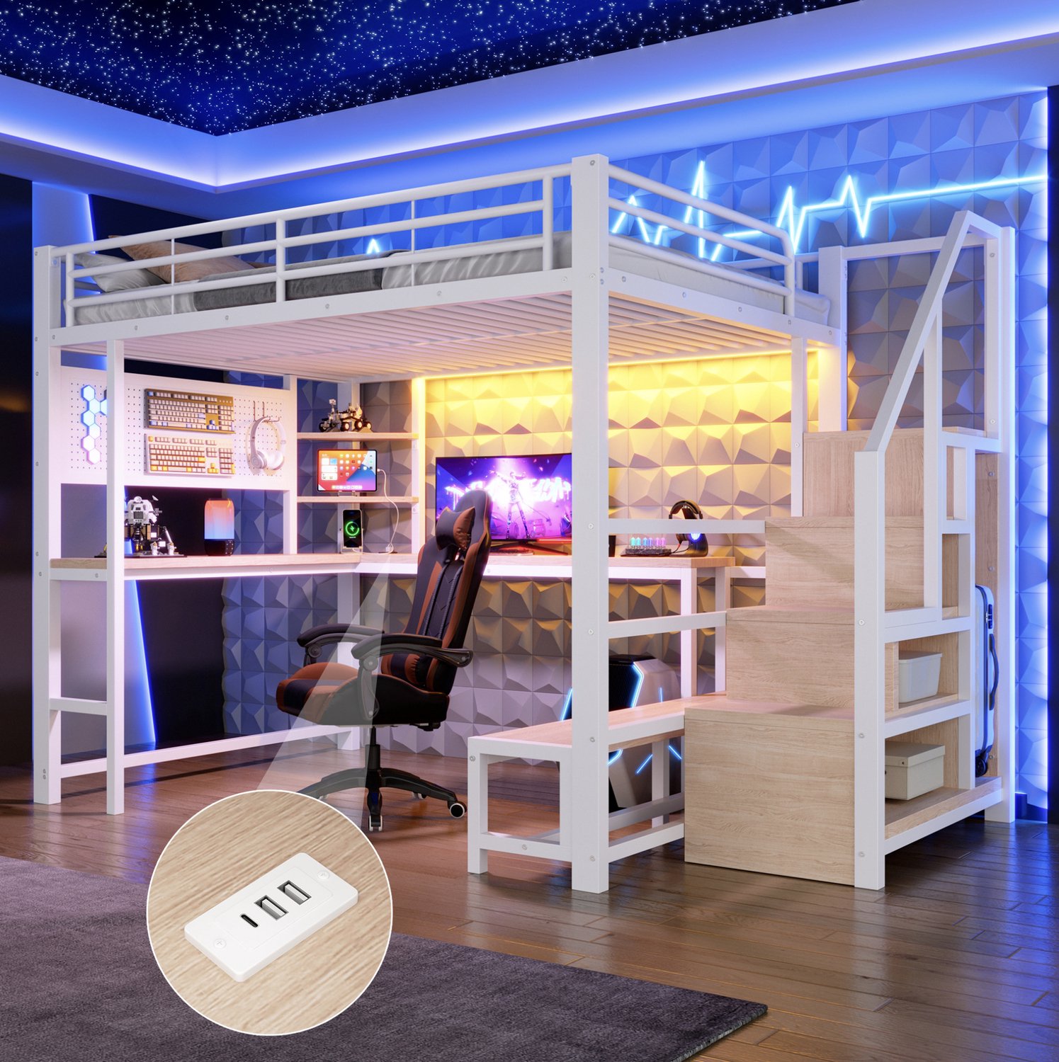Wishdor Hoogslaper 140x200 cm - Bureau en opbergruimte - USB en USB-C-aansluiting - LED-verlichting - Trap met opbergkast - Kinderkamer - Metaal en MDF - Wit