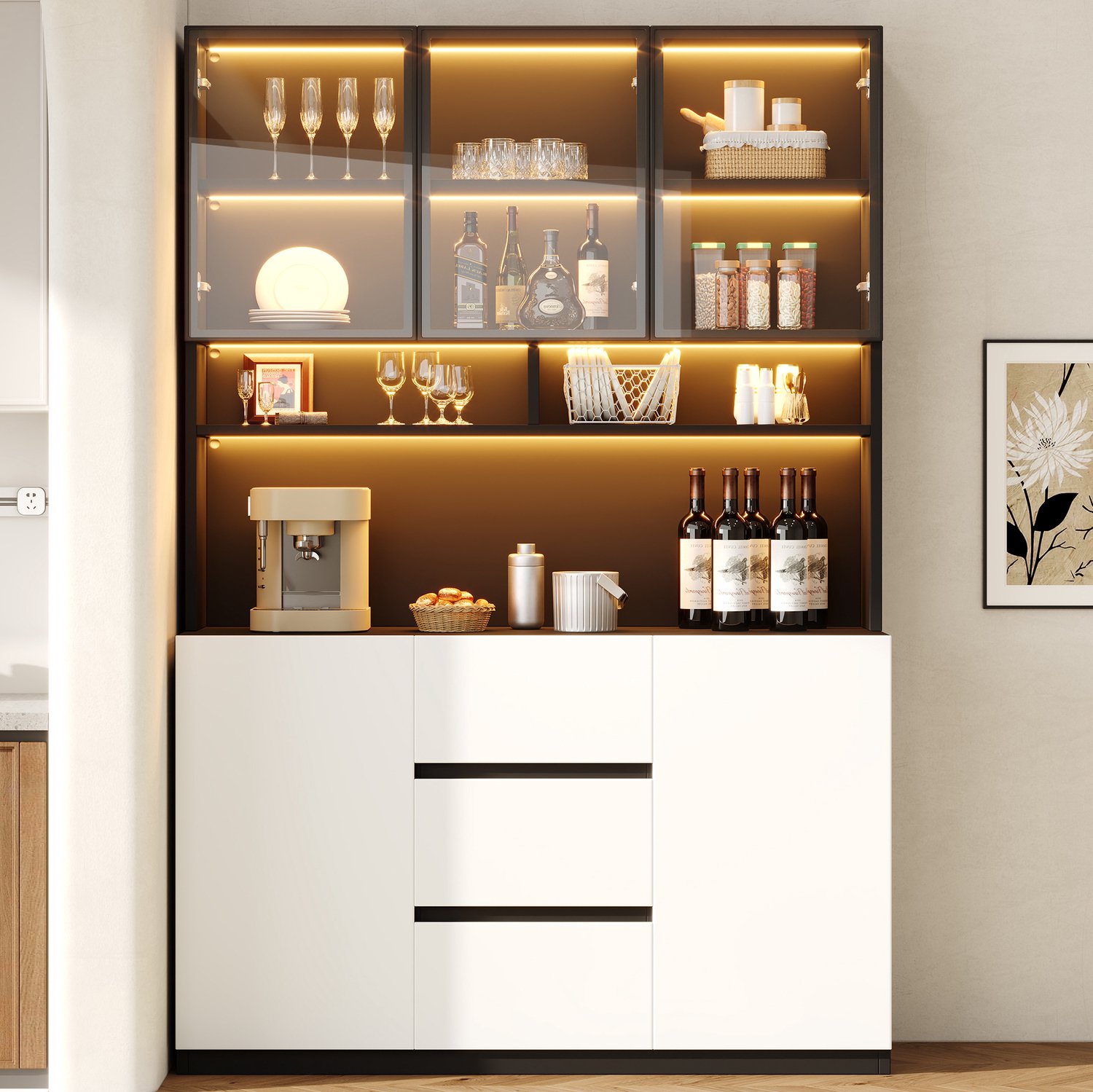 STILVORA Vitrinekast Met Ledverlichting - Grijze Glazen Deuren, Open Vakken En 3 Lades - MDF - 120x38x200 Cm - Zwart en Wit