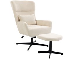OKWISH Fauteuil 71 x 88 x 104 cm - 360 Graden Draaibaar En Hoogteverstelbaar - Met Hocker En Lendekussen - Chenille - Crème