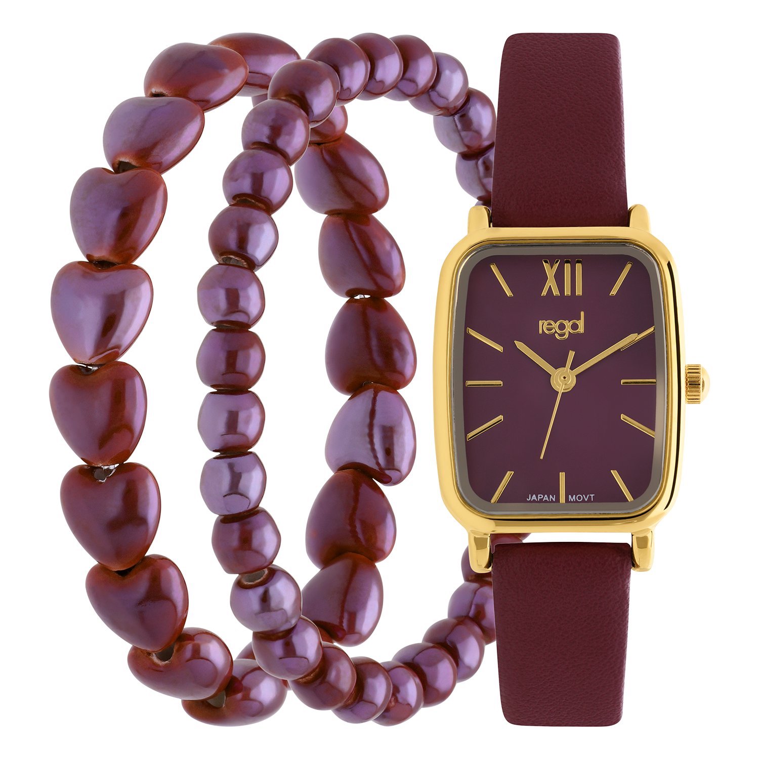 Lucardi Dames Regal cadeauset Goud Burgundy met twee armbanden - Horloge - Kunstleer - Rood - 17 mm