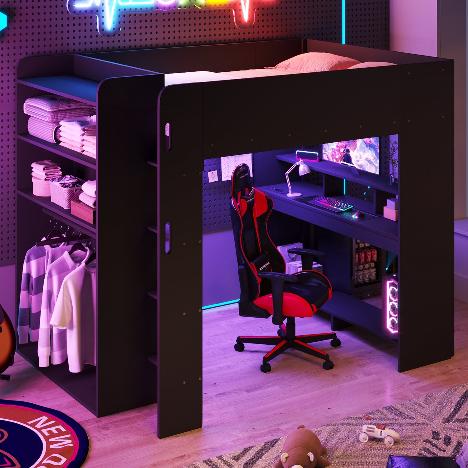 Kinderbed, Tweepersoonsbed, 140x200cm Gaming houten hoogslaper met bureau, kledingkast, meerlaagse opbergruimte, LED-verlichting, USB-laadaansluiting, zwart.