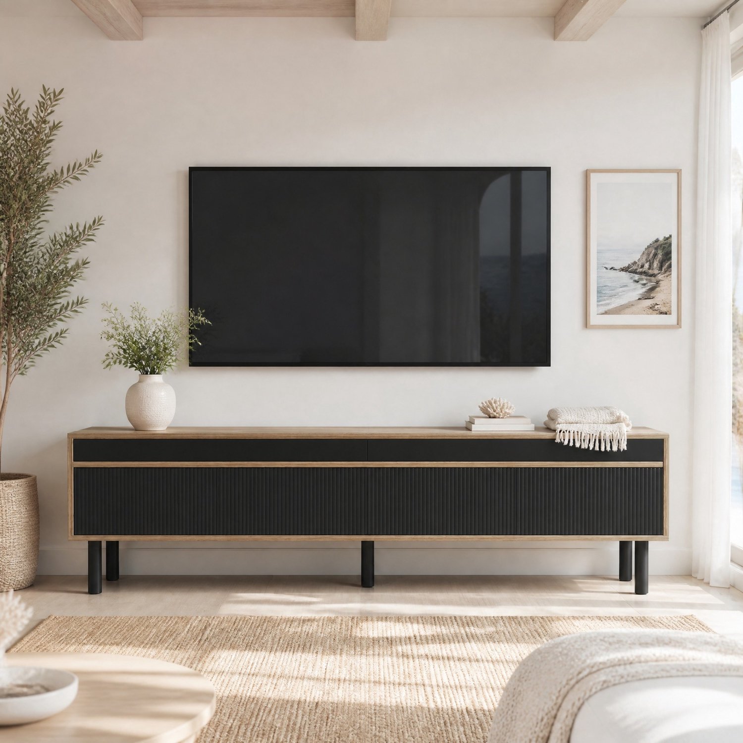 Maisentiel TV-meubel 170 x 38 x 47 cm – 4 push-to-open deuren, MDF en spaanplaat, zwart/naturel