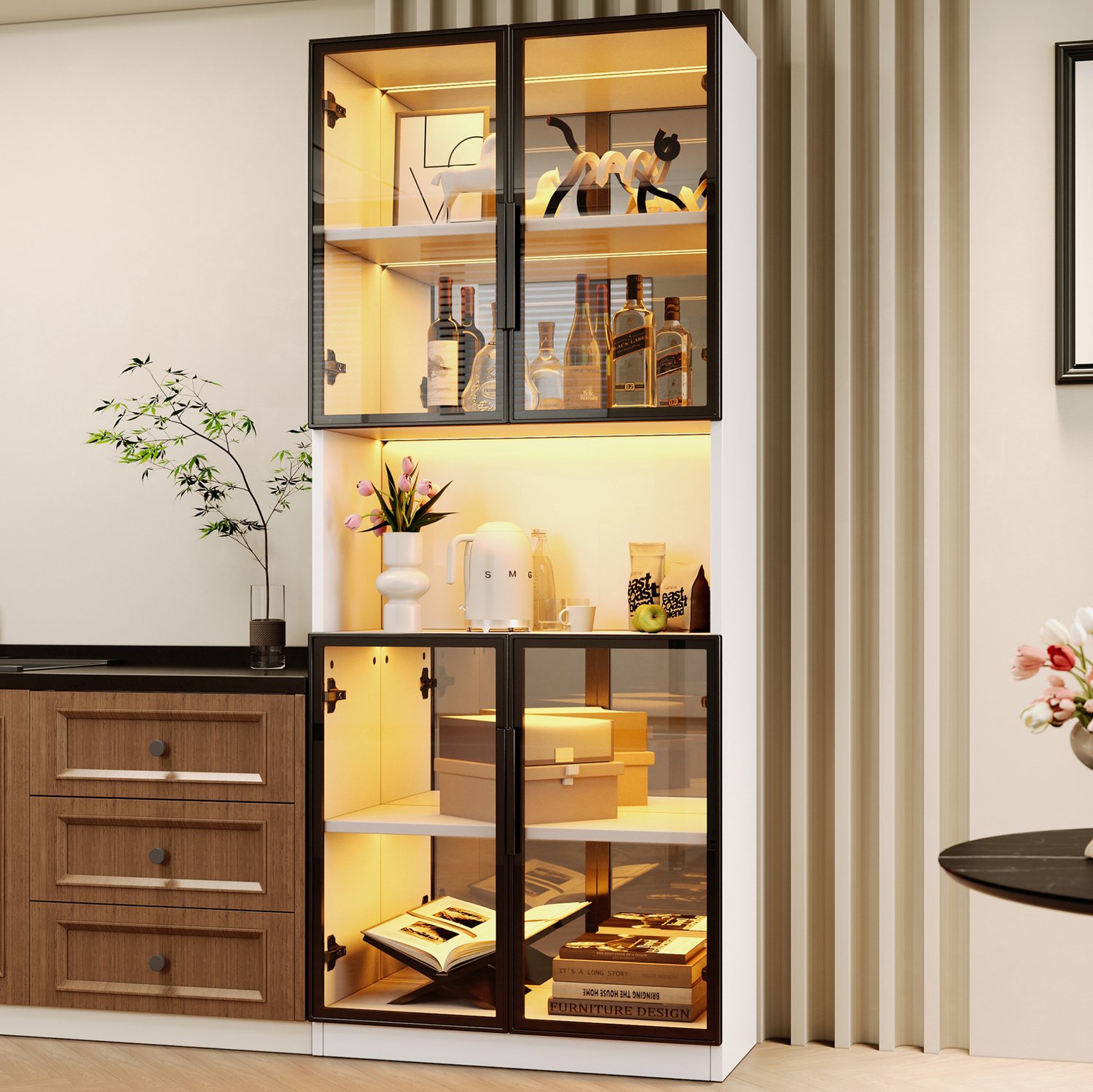 STILVORA Vitrinekast Set Van 2 - Met Ledverlichting En Spiegelachterwand - Voor Woonkamer En Eetkamer - MDF En Glas - 140x30x170 Cm - Wit Grijs