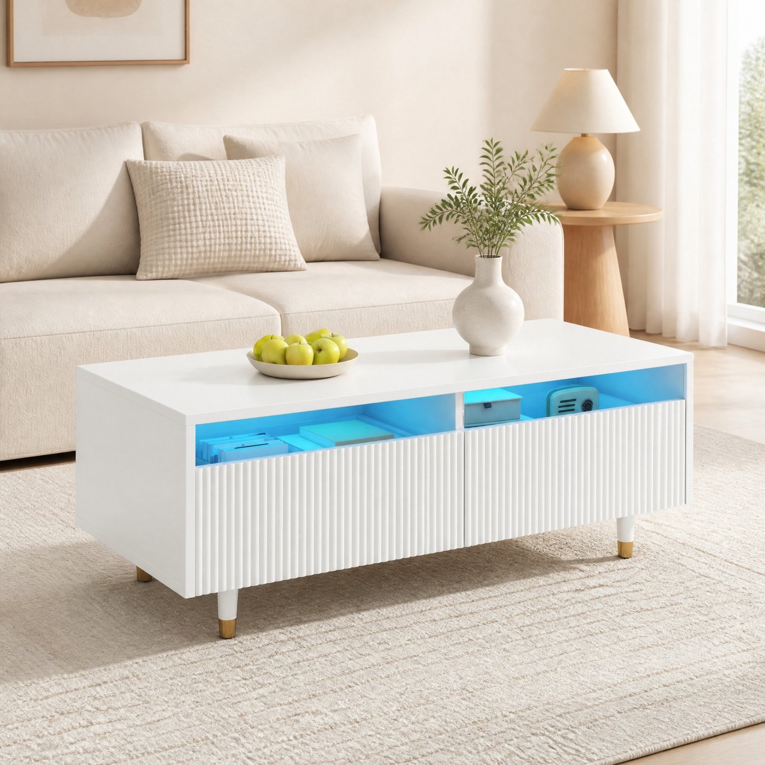 Maisentiel Salontafel 110 x 50 x 40 cm met LED-verlichting, 2 lades, MDF, wit