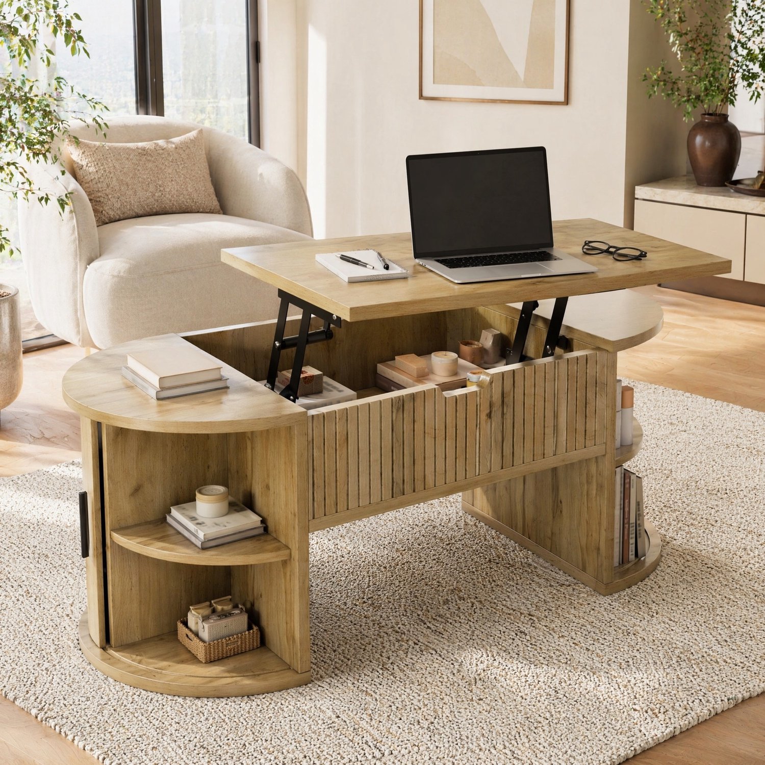 Maisentiel Hoogteverstelbare salontafel 100 x 50 cm met opbergruimte, MDF, eikenkleur