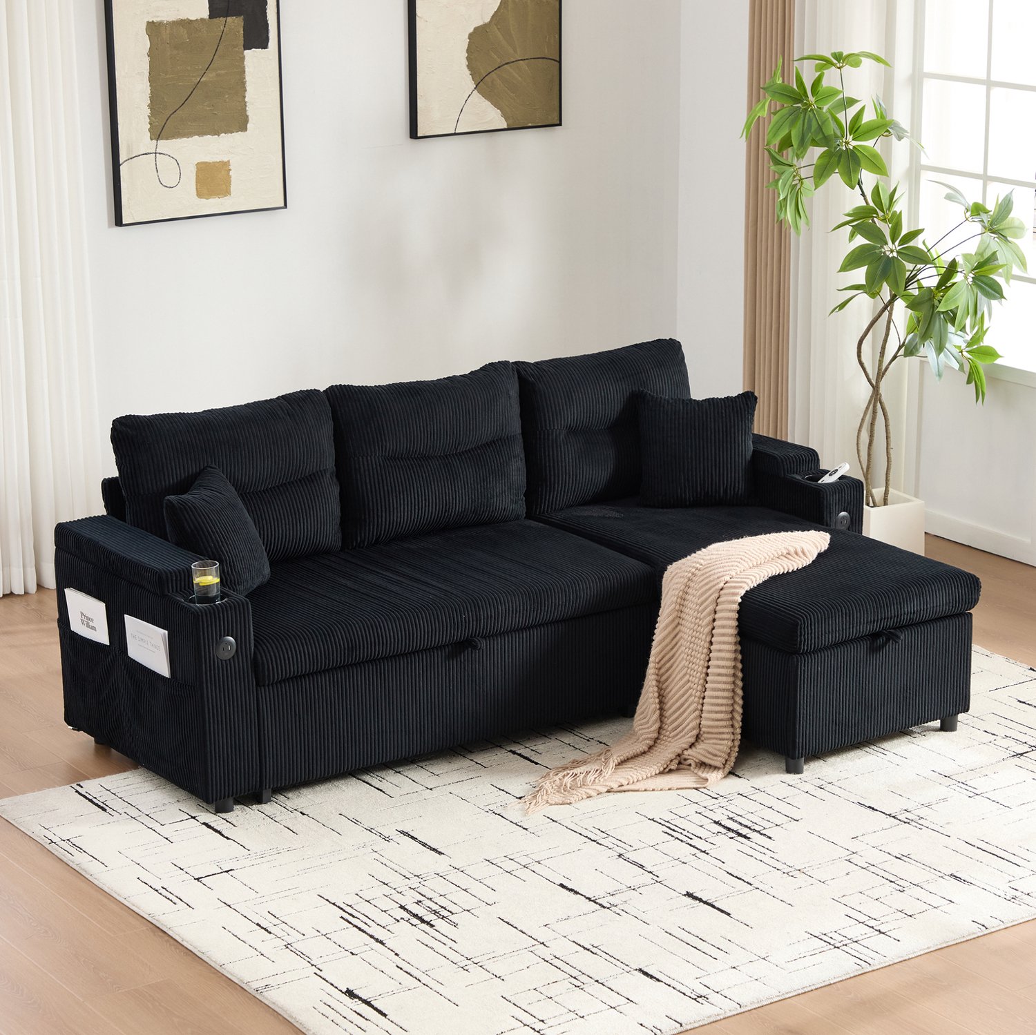 FloraGrace Slaapbank 3-Zits 212,5 x 136 x 86 cm - Met USB-C, Opbergruimte en Chaiselongue - Voor Woonkamer - Ribfluweel - Zwart