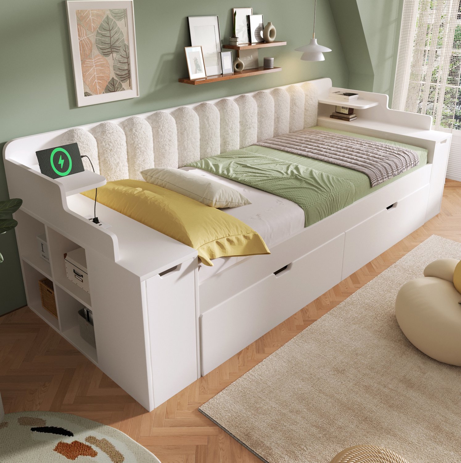 MODENUIT Slaapbank – 90 x 200 cm – Uitschuifbed – MDF en Metaal – Wit – Met Opbergvakken en Laadstation