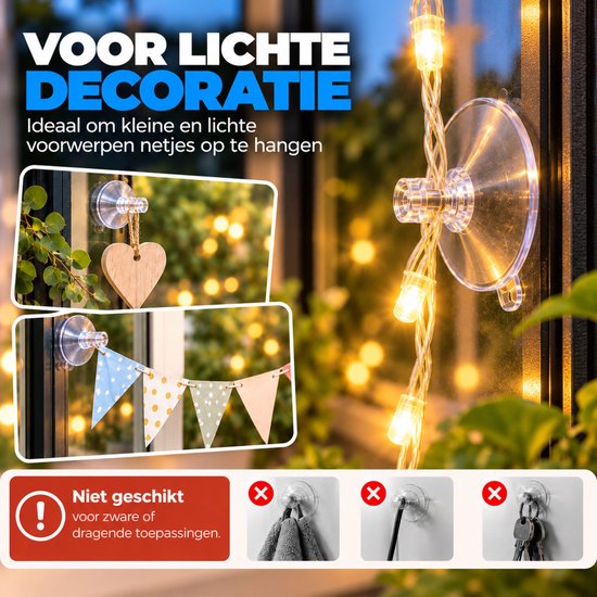 Zuignappen gebruikt voor lichte kerstdecoratie op glas. Tekst: Voor lichte decoratie.