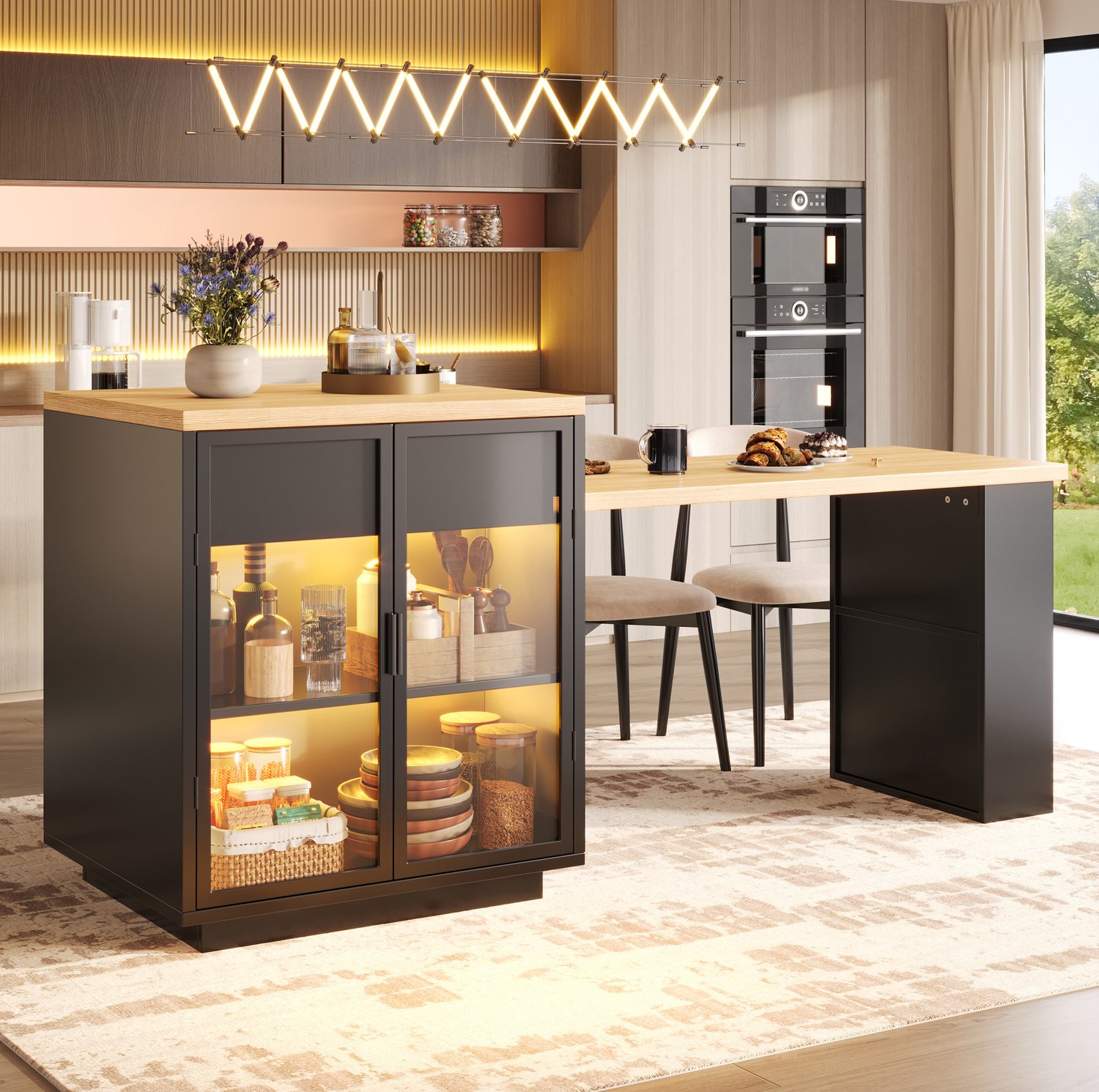 MIVRAY Uitschuifbare Eettafel - Keukeneiland Met Opbergruimte En Ledverlichting - MDF En Metaal - Zwart - 122 Tot 194,5 Cm
