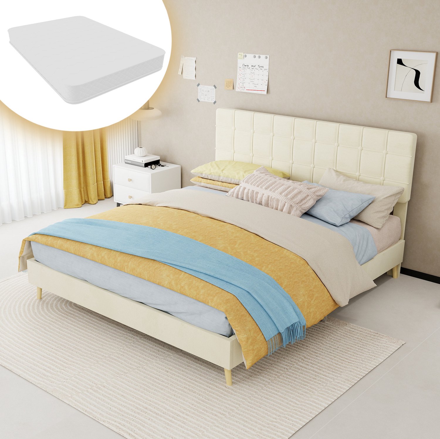 WUVRIE Tweepersoonsbed 160x200 cm - Gestoffeerd hoofdbord en lattenbodem - Inclusief matras - Beige
