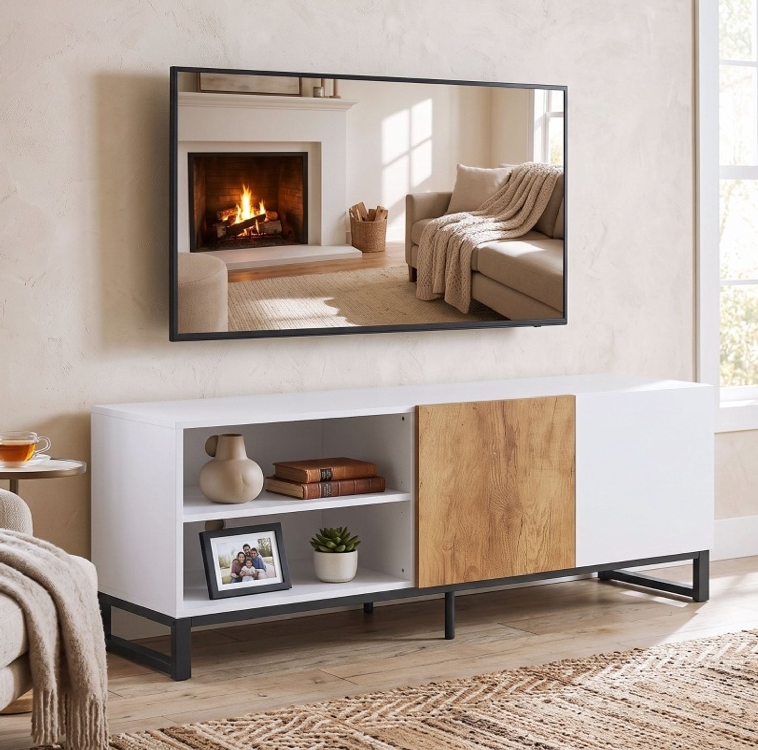 MIVRAY TV-Meubel - Verstelbare Planken En Zacht Sluitende Deur - Voor Televisies Tot 55 Inch - Hout - Wit Eiken - 140x36,5x50 Cm