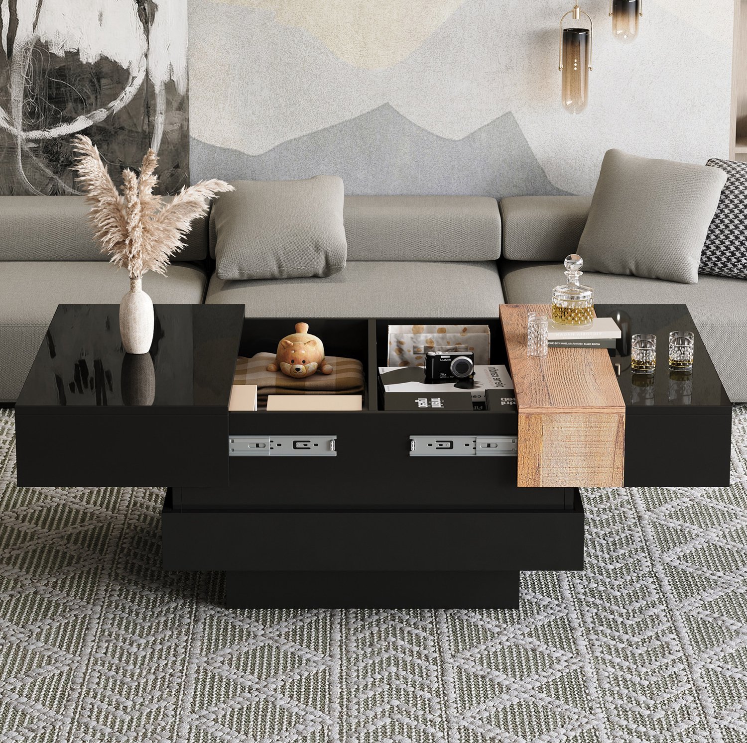 Maisentiel Salontafel 70 x 70 x 39 cm – uitschuifbaar met opbergruimte, MDF, zwart