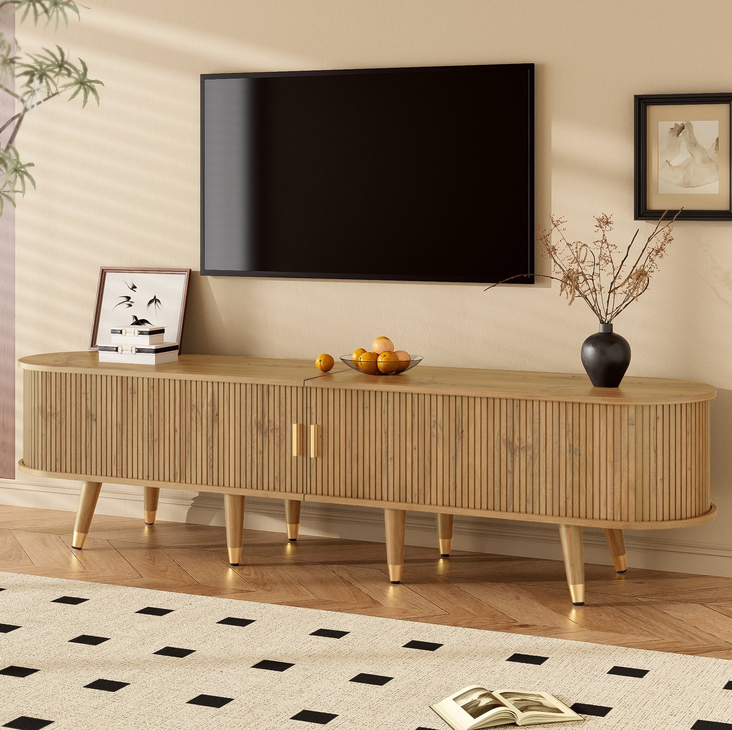 Maisentiel TV-meubel 175 cm met schuifdeur, lades en open vakken, MDF houtlook Houtkleur