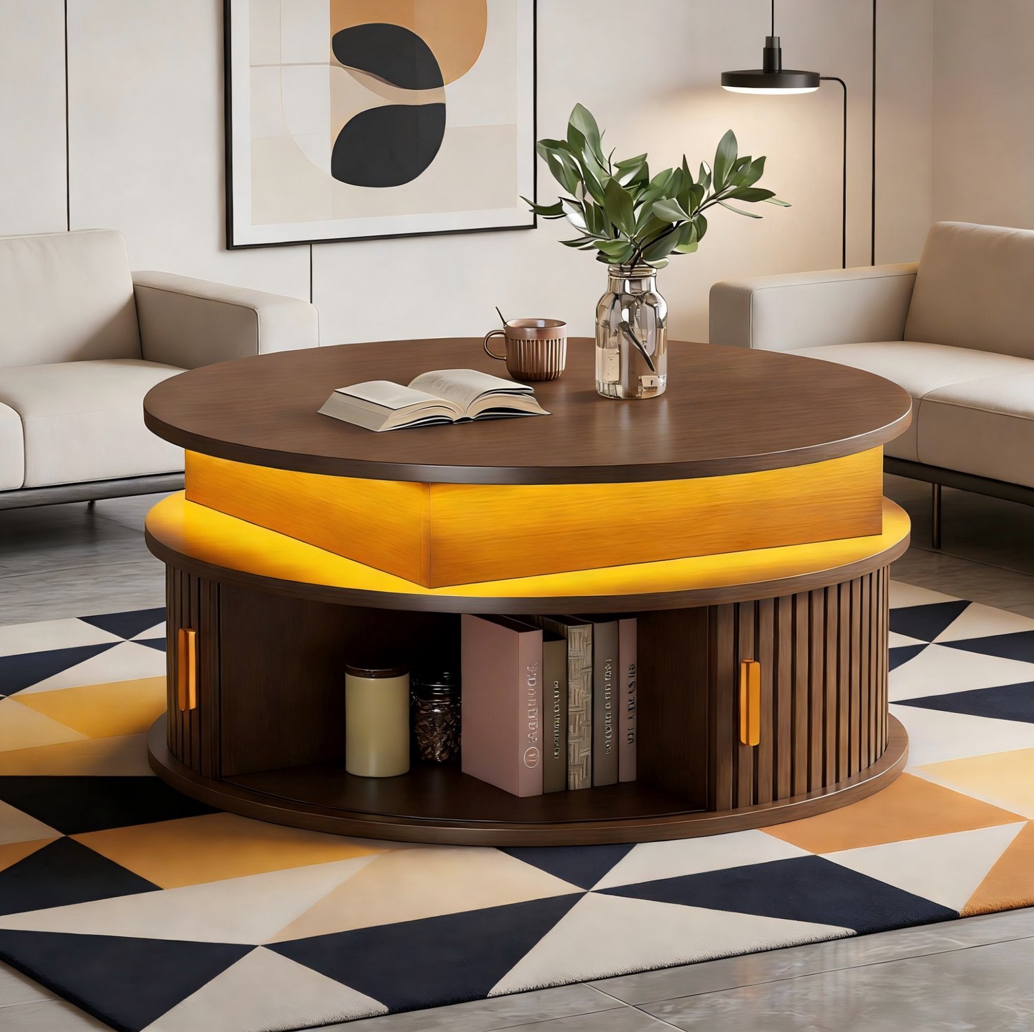 Maisentiel Ronde salontafel 75 cm hoogteverstelbaar met LED, opbergruimte, MDF walnootkleur