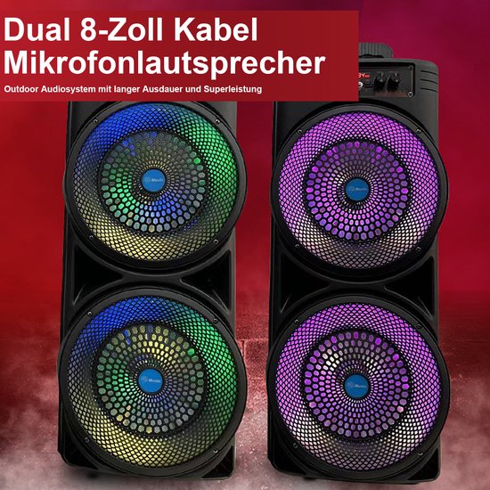 Bluetooth karaokespeaker Dual 8 inch met RGB-verlichting, microfoon en accu - zwart — afbeelding 3