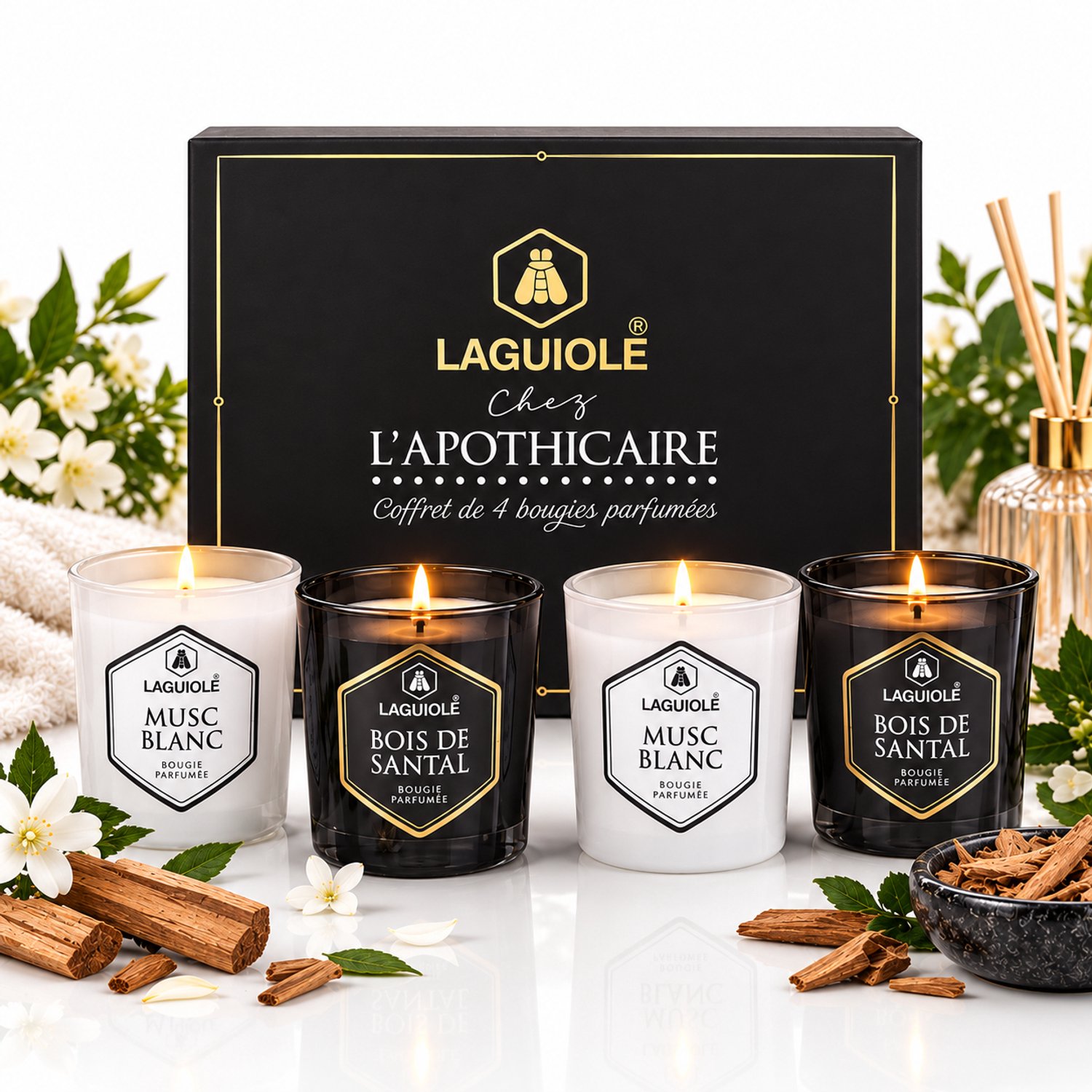 Laguiole Geurkaarsen - Kaarsen - Luxe Kaars - Geschenkset - 4 x 30g Giftset - Witte Musk & Sandelhout