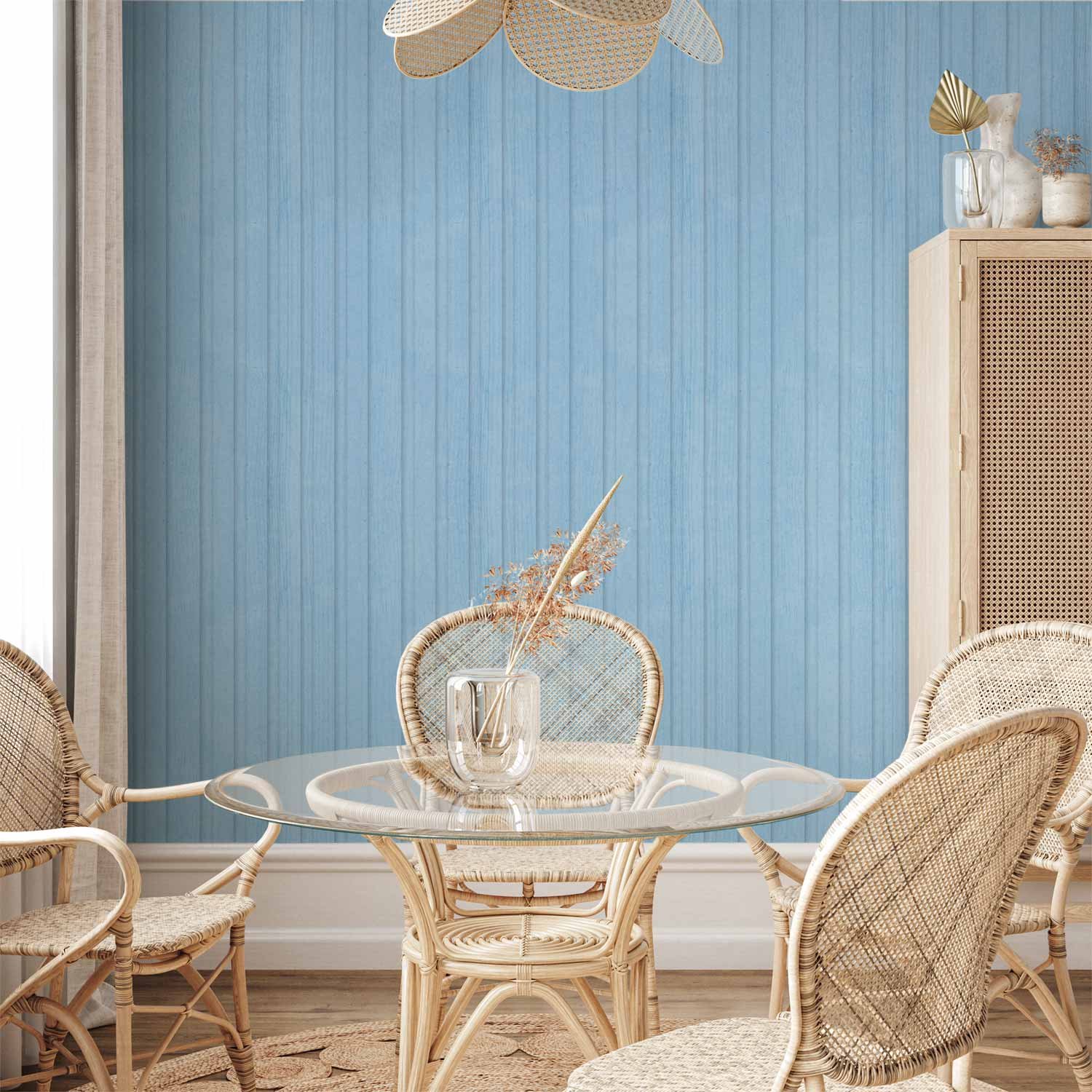 Behang - Blue Panels - Wooden planks in a pastel blue shade.