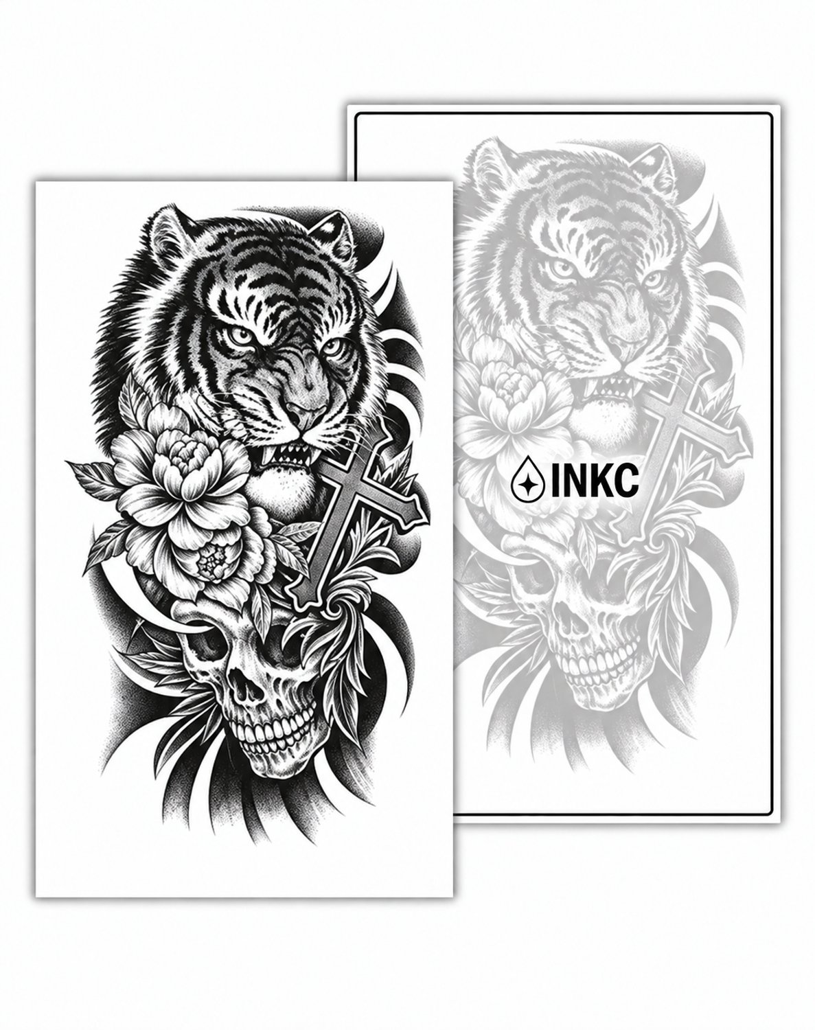 INKC - Tijdelijke Tattoo - Tijger met Kruis en Schedel - Nep Tattoo - Plak Tattoos - Blijft tot 2 weken - 11 x 18cm
