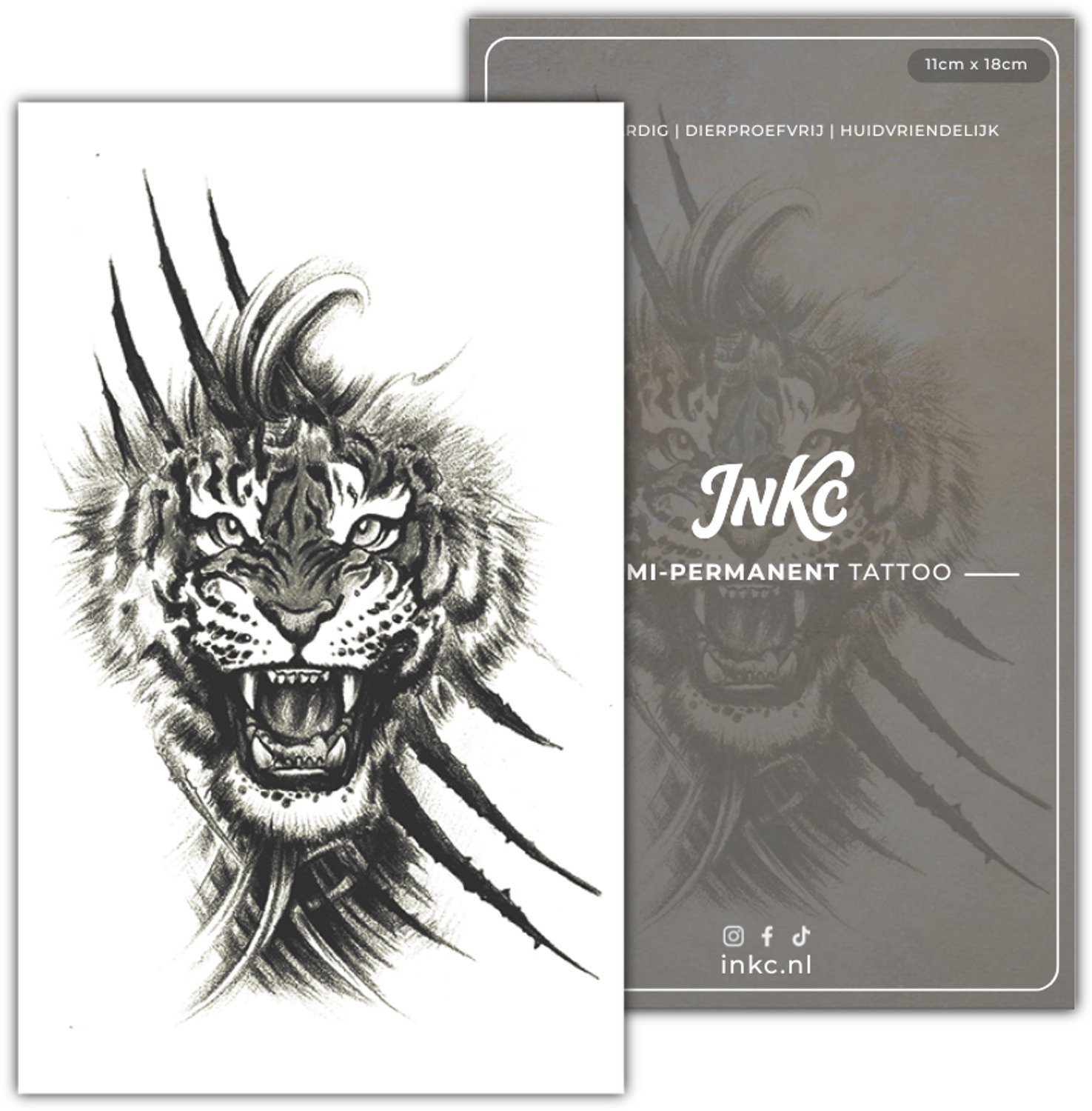 INKC - Tijdelijke Tattoo - Tijgerkras - Nep Tattoo - Plak Tattoos - Blijft tot 2 weken - 11 x 18cm