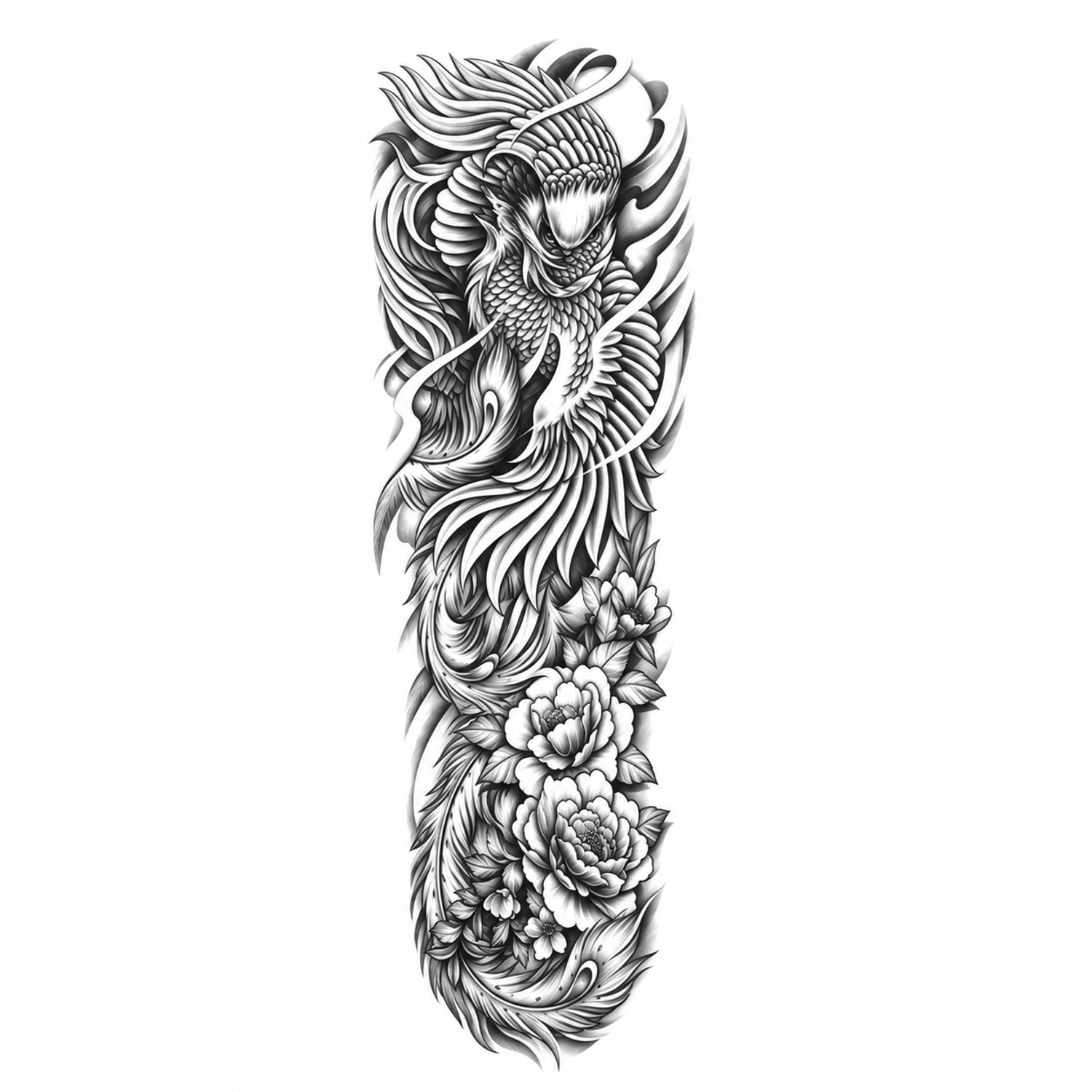 INKC - Tijdelijke Tattoo - Feniks en Bloemen Sleeve III - Nep Tattoo - Plak Tattoos - Blijft tot 2 weken - 16 x 47cm