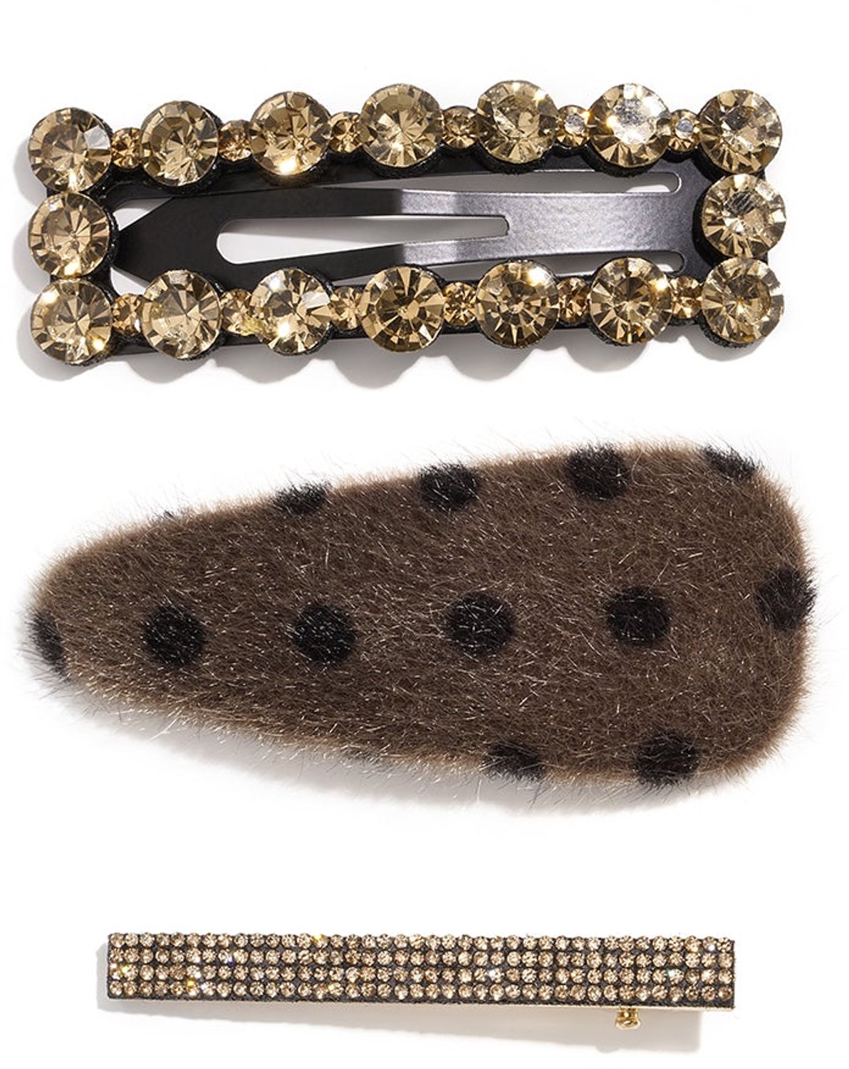 Set bestaande uit 3 haarclips met bolletjes print en strass steentjes