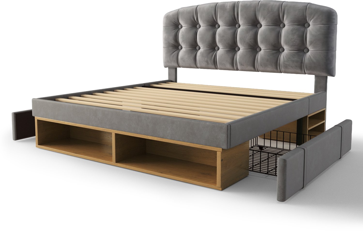 Gestoffeerd Bed 140x200 cm - Bed Met Verstelbaar Hoofdbord - Lades En Open Opbergvakken - Lattenbodem - Grijs Fluweel