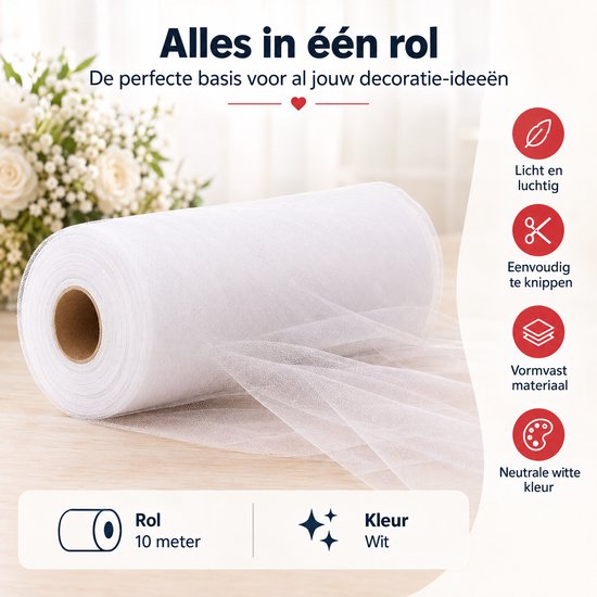 Tien meter witte tule stof op een rol, perfect voor diverse doe-het-zelf decoratieprojecten.