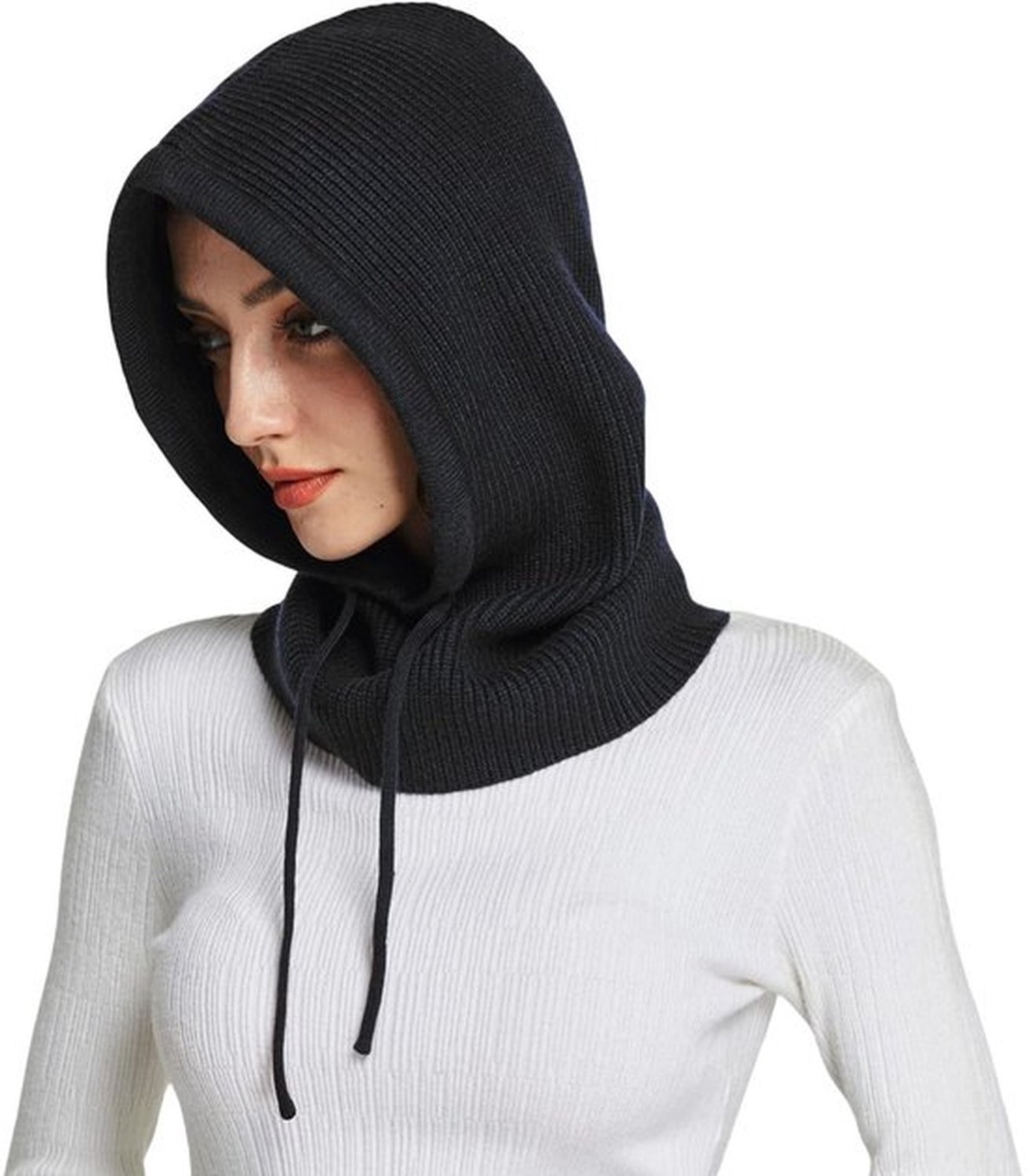 Gebreide Balaclava Met Trekkoord Dames Gecombineerde Muts en Nekwarmer Warm Winter Hoofddeksel Windbestendig voor Dagelijks en Buitengebruik Zwart
