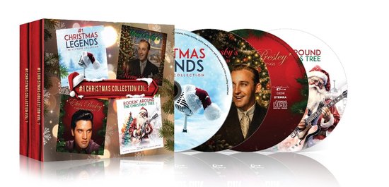 Boxset met kerstmuziek met cd's van Bing Crosby en Elvis Presley, verpakt in een feestelijke doos.