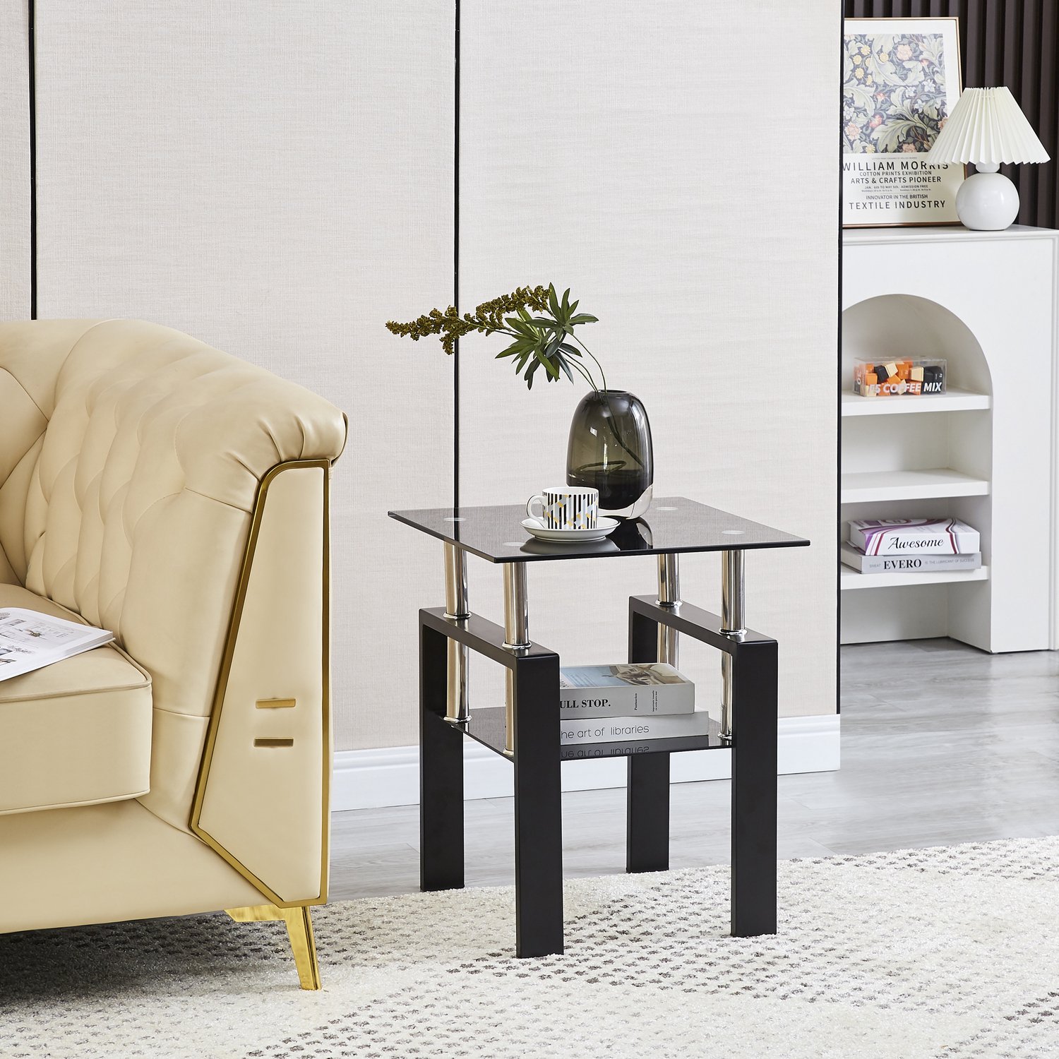 VVBV Glazen Salontafel Set van 2 / Bijzettafel – Geometrisch Design, Metalen Poten, Eenvoudige Montage – voor Woonkamer/Kantoor – Glas – Zwart