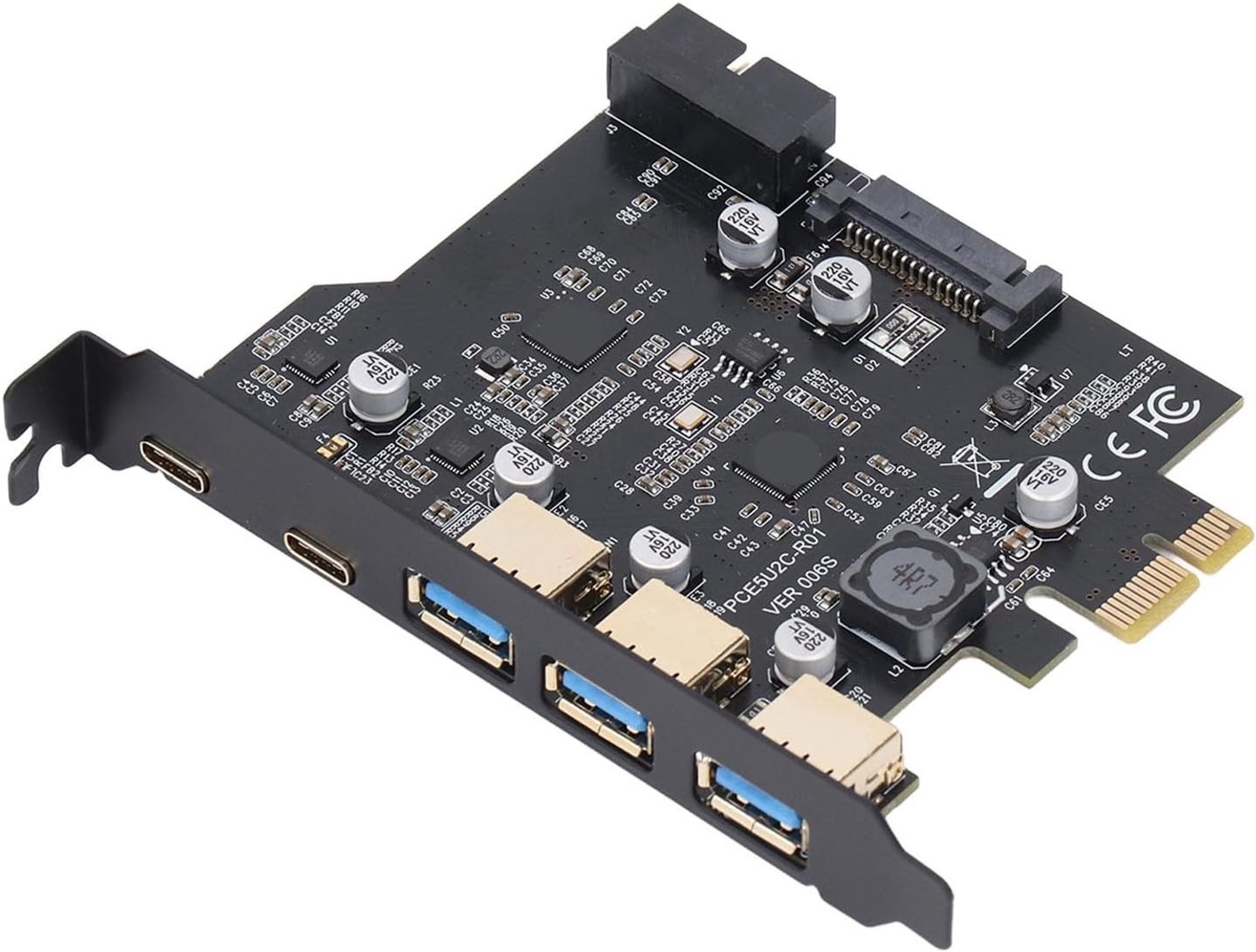 Uitbreidingskaart PCIe naar USB 3.2 Gen 1 met 5 Poorten (3 Type C + 2 Type A) voor Snelle Gegevensoverdracht en Compatibiliteit met Windows/Linux/OS X PC
