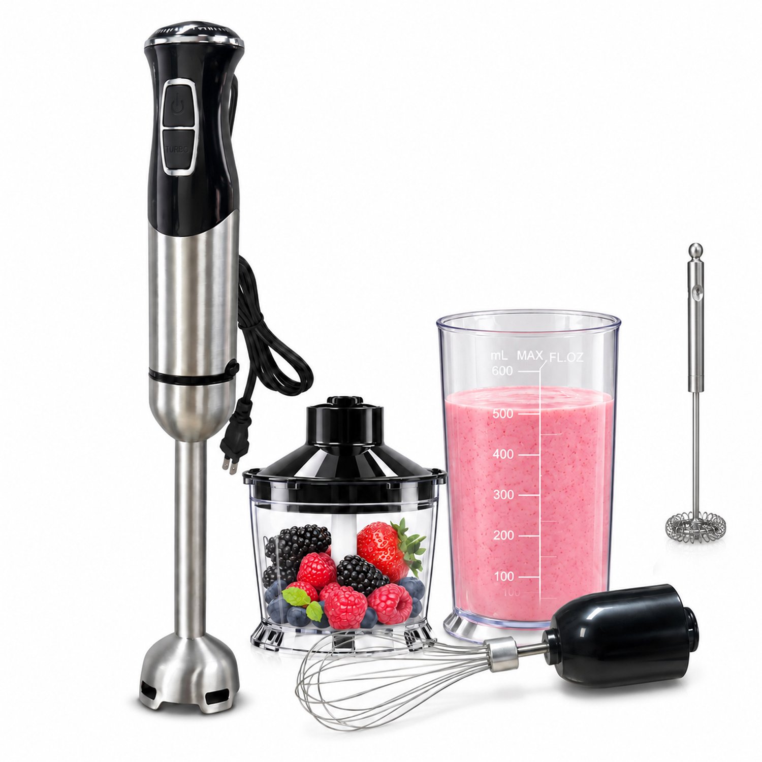 Staafmixer 5-in-1 set – Inclusief Hakmolen, garde, melkopschuimer & Maatbeker – krachtig & vaatwasserbestendig – 20 snelheden + turbofunctie – 1000W – PFAS-vrij