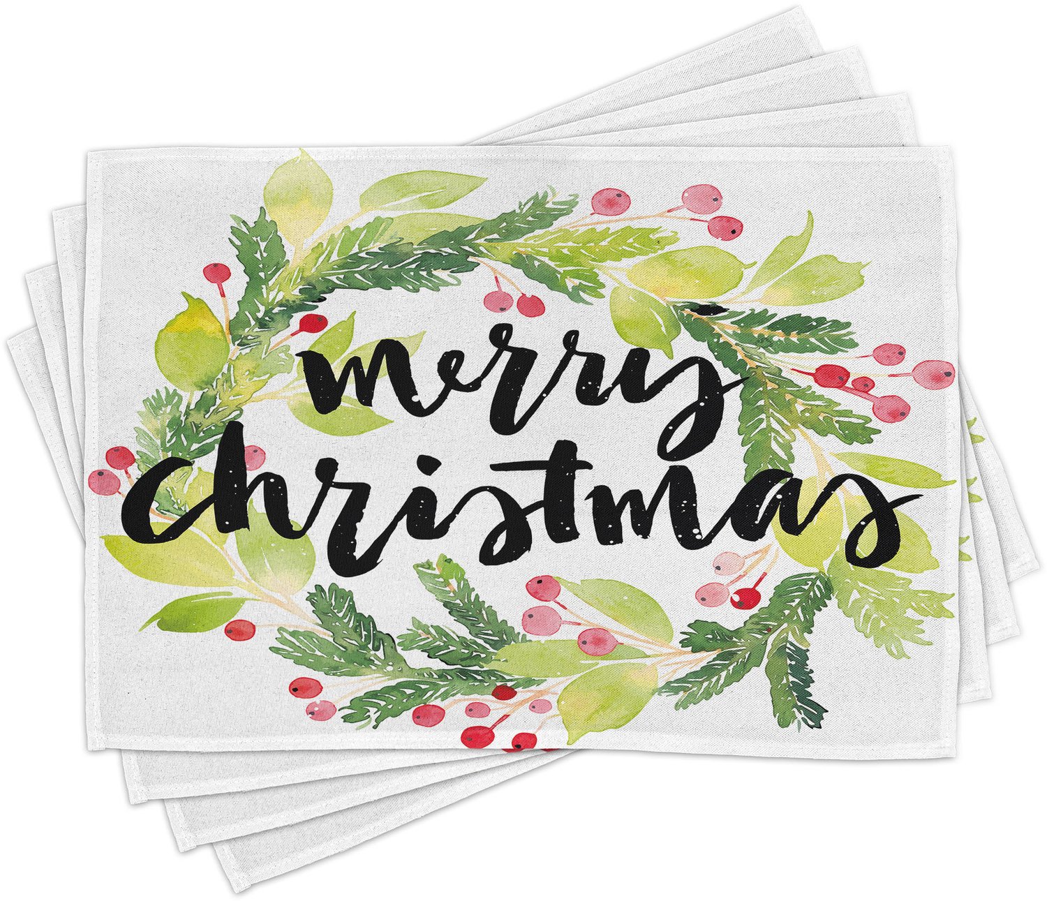 ABAKUHAUS Kerst Placemats Set van 4, Aquarel Schilderij Stijl Kerst Krans en Hand Typografie Maretak, Wasbare Stoffen Placemats voor de Eettafel, Standaardformaat, Zwart Wit